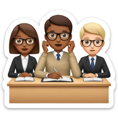 3 personas paradas. conversando sentadas cada una en su escritorio sticker