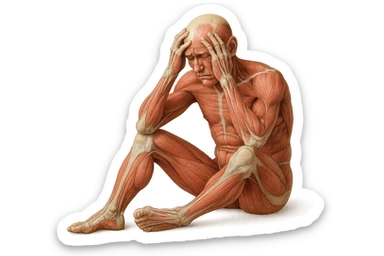 corpo umano anatomico realistico seduto a terra con postura delle spalle chiuse, mani sulla fronte ed espressione disperata in volto, isolato su sfondo bianco sticker