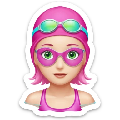 pretty girl with green eyes pink swim cap holographic swimming glasses and cute profesional swimmer pink swimsuit swimming sticker