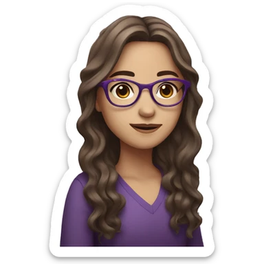 Girl who has brown hair and purple glasses, long wavy hair, whitw sticker