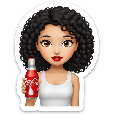 a pretty tan bratz girl with black curly hair drinking coca cola. minimal makeup. white top sticker