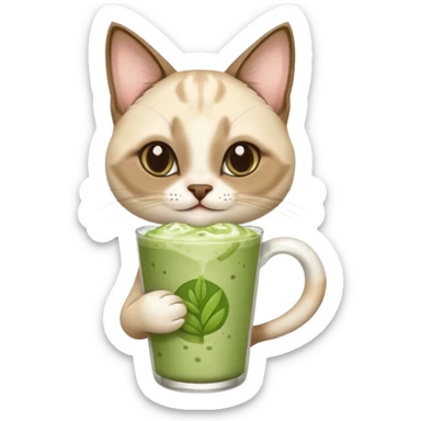 Happy Siamese Cat holding in its paws an iced matcha latte sticker