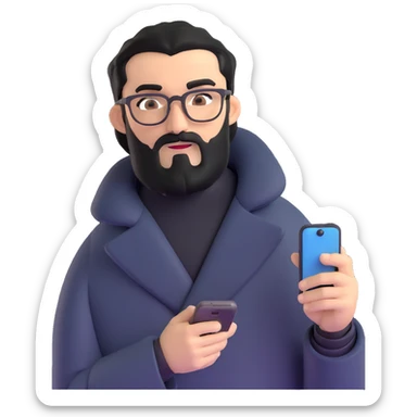 professional man standing, wearing black coat, with medium black beard, black hair neatly combed to one side, connected unibrow, olive tan skin, brown eyes, glasses, prominent nose, holding a smartphone sticker