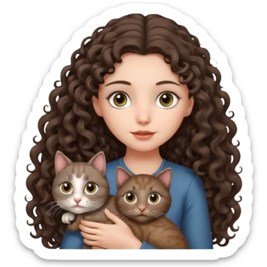 Brunette girl very long curly hair holding Grey cat with a head tilt and large eyes  sticker