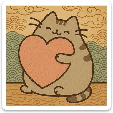 Pusheen hugging a big heart, pastel colors, adorable, ukiyo-e inspired cartoon style sticker