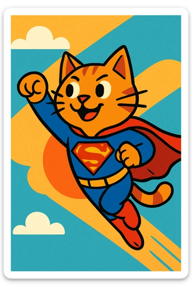 cat in Superman costume, flying, cartoon style, vibrant colors sticker