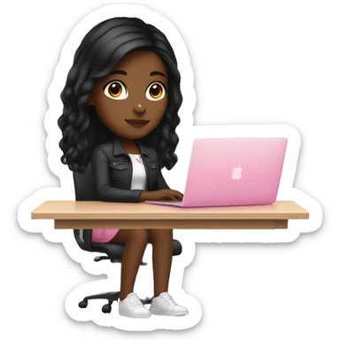 Brown skin girl withg black hair sitting at desk with pink MacBook  sticker