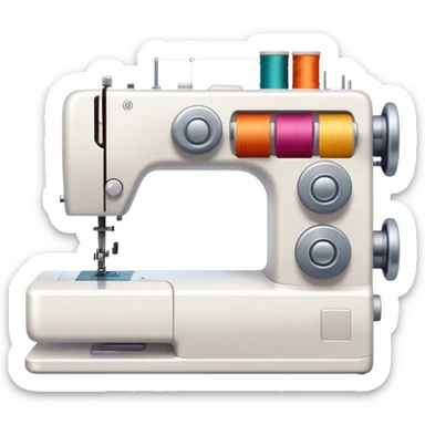 Sewing icon, sewing machine with thread, visible needle, spools of thread, fabric pieces, and scissors, a piece of clothing or textile in progress, minimalistic style, clean lines, transparent background. sticker