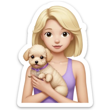 Blonde haired teenager wearing light purple tank top holding a white poochon dog sticker
