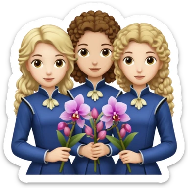 3 female musketeers, one with brown curly hair, one with straight blond hair, one with blond hair in pony tail, all holding orchids sticker