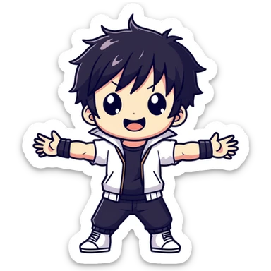  anime style cool chibi male character with dark aesthetic and black hair with arms open wide  sticker