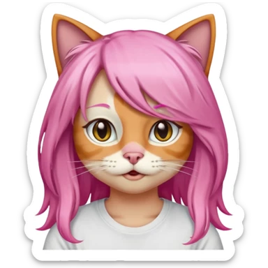 calico cat wear long pink hair wig, white T-shirt sticker