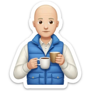 full body bald man wearing long sleeve white shirt with blue puffy winter vest holding a cup of coffee in front of him and nothing in his other hand sticker