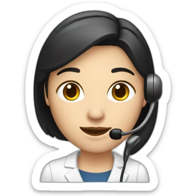 A telephone customer service staff, female, black hair, with ear microphone sticker
