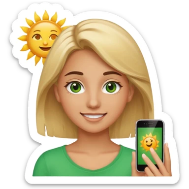 cheerful 20-year-old female with blonde hair, green eyes, brown eyebrows, sun-kissed tan, iPhone emoji style sticker