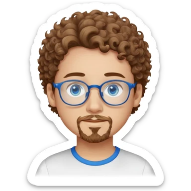 boy with bright blue eyes, medium length curly light brown hair with a goatee and clear glasses sticker