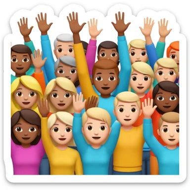 A 3D cartoon crowd raising hands in a concert-like protest, yellow backlight, energetic mood, Memoji-style. sticker