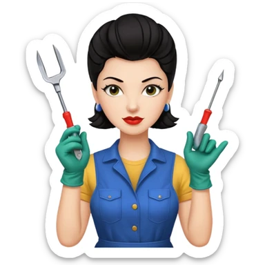 I like it! Can you make her dark haired? Rockabilly vibes are good. I like the third one and last most. Could you leave the screwdrivers? She's more like the organised one. Perhaps give her washing gloves or something. Or gardening gloves. sticker