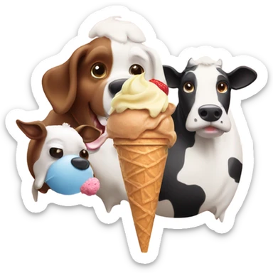 Dog eating ice cream with a cow sticker