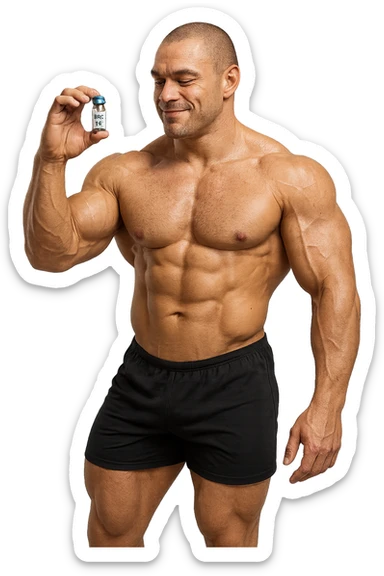 BODYBUILDER A FIGURA INTERA CHE TIENE IN MANO UNA FIALA MEDICA CON la scritta "BPC 157" SULL'ETICHETTA E LA GUARDA SODDISFATTO, iperrealistico 4k sticker