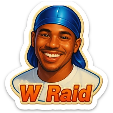 Smiling 
make his shirt white
Change His durag To BLUE
Make it say "  W Raid " sticker