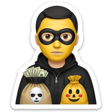 Ladrão com saco de dinheiro emoji efeito Mandela com pele amarelo com apenas a cabeça e os ombros aparecendo sem mãos com apenas a cabeça e os ombros aparecendo sticker