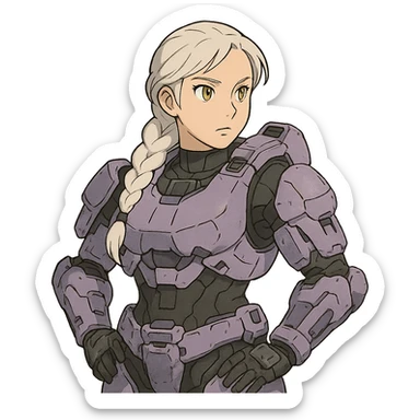 female, wearing reach spartan armor default, long white braid hair, gold yellow eyes, attention pose, halo series, no helmet, the armor is lavender color scheme, shoulder pad off. DDD bust size fitting. Punk gothic cyberpunk sticker