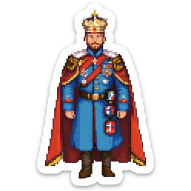 Russian Tsar with elaborate crown, decorated military uniform with medals, royal cape sticker