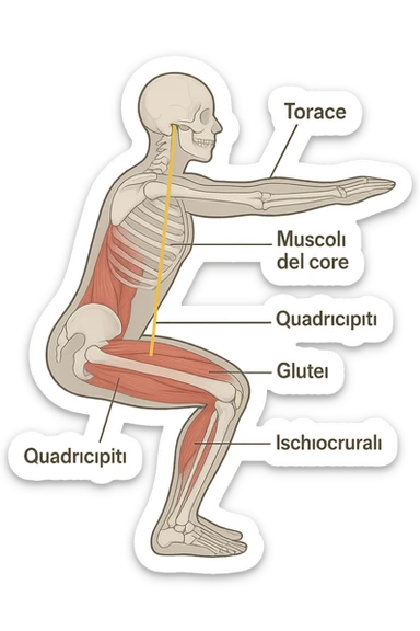 side view of a human figure performing a squat, with transparent overlays showing the skeletal structure. A straight line or highlighted axis connects the pelvis (bacino) and the ribcage (torace), demonstrating correct alignment. Key muscles involved in maintaining posture are labeled. Clean, educational style, white background. sticker