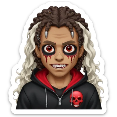 Vampire wearing black hoodie with a skull logo on it, long curly hair, brown skin, fanged teeth, blood under eye sockets/forehead, piercings on eyebrows and long curly hair with a patch (section) of red sticker