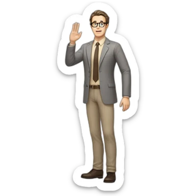 Full height Gesticulating Pale skinned fit man with dark brown hair in gray jacket, beige office shirt, brown tie, brown pants and vintage glasses. sticker