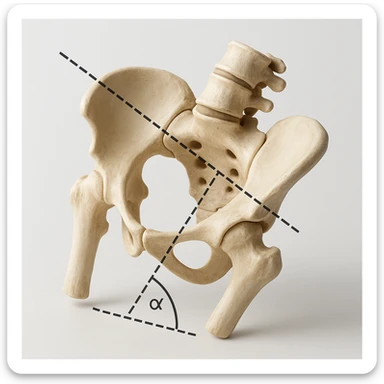 realistic human pelvis tilted, 4K resolution, detailed anatomical features, accentuated tilt, dashed lines and geometric symbols showing the tilt angle, perspective view, clinical atmosphere, white background sticker
