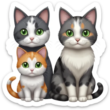 3 different coloured small cats including a dark grey and white, and a patchy calico and a completely solid dark grey with green eyes and only white paws sticker