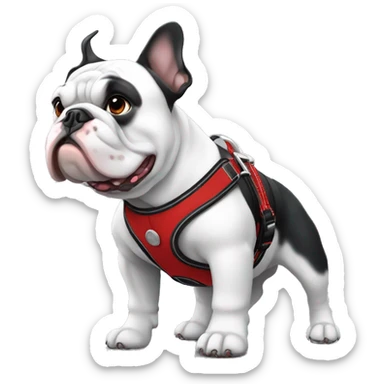 Black and white frrnch bulldog with red and black harness sticker
