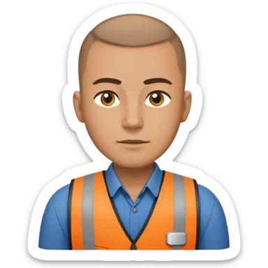 Security guard with buzzcut, vest on with button up underneath sticker