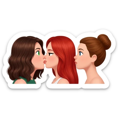 Même  photo mais les filles s’embrassent bisou  :Emoji trouplr femme: à gauche: brune cheveux aux épaules, ondulés et châtain foncée, yeux verts. Au milieu rousse aux yeux noirs, cheveux longs et raides. À droite : châtain avec chignon et yeux bleus. Les trois sont de couleur de peau blanche. sticker