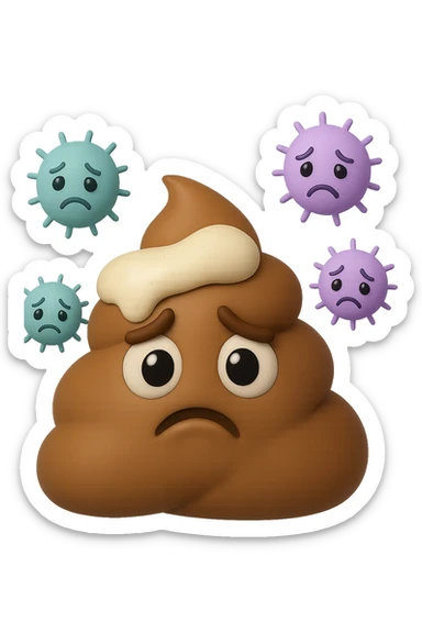 emoji stile iphone 3d di una cacca con muco bianco sopra, dietro cui fluttuano batteri intestinali tristi, iperrealistiche 4k sticker