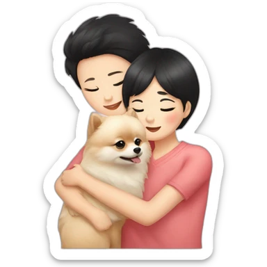 pomeranian hugging east asian girl with short black hair sticker
