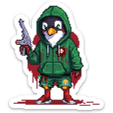 A cute half-dolphin half-penguin thug with a gun, green hoodie with blood stains, wearing Dollar General shorts sticker