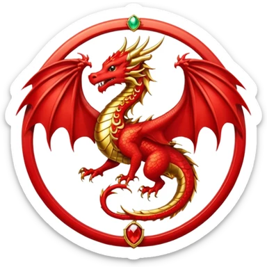 Golden dragon with wings crest / brosch in a circle with red gems and no background sticker