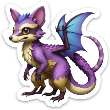 Realistic scaly swampy elemental detailed Colorful Trico-Noibat-batty-Sergal-Furret-Ferret-Wolverine-Vernid-furry-fursona-fusion-Fakemon-animal-hybrid-creature, full body sticker