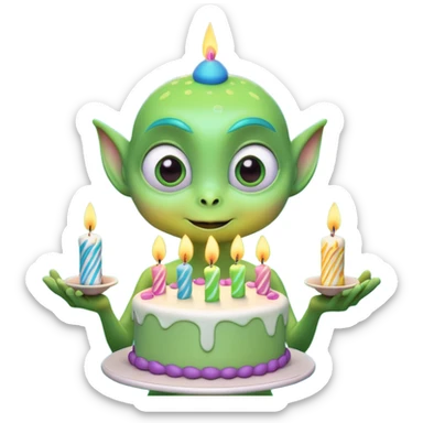 A cute friendly alien holding a birthday cake with candles, big expressive eyes, bright colors, cartoon style, playful atmosphere, 3D animated look, Pixar-inspired, highly detailed
 sticker