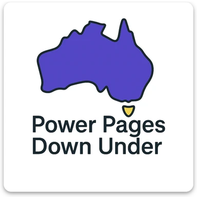 Remove the Power Pages icon. Only show the map of Australia with the text 'Power Pages Down Under' in a clean, modern font. Use #403DAD, vibrant purple, and #fff7ad as accent colors. No digital web overlay sticker