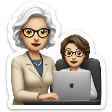 Brunette with glasses coaching old woman on computer sticker