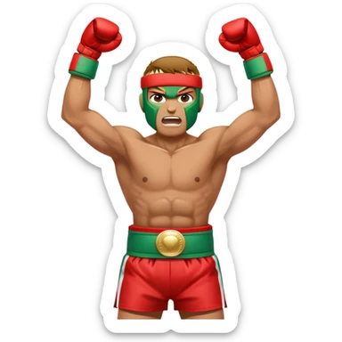 Triumphant boxer with oversized head, arms raised in victory pose. Wearing four colorful championship belts (red, green, two gold) around waist. Determined facial expression. White hand wraps. Muscular simplified body. sticker