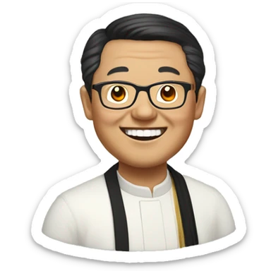 old catholic Hmong priest with black hair, smiling with teeth and glasses sticker