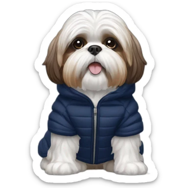 White and brown Shih tzu in navy blue puffer coat sticker