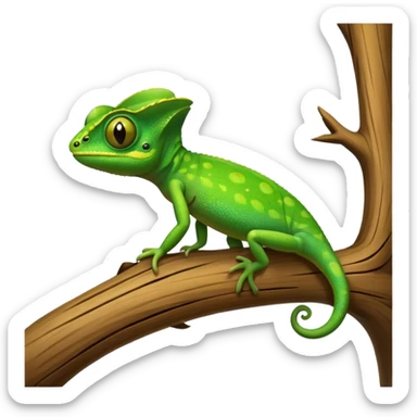 A small green chameleon, with large, expressive eyes, perched on a branch. sticker