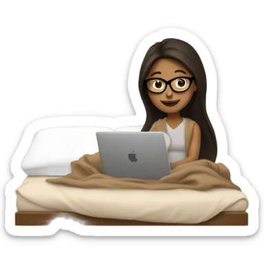 Brunette girl with black glasses working from her bed with her laptop covered in a light Brown blanket  sticker