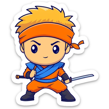 A blonde ninja boy with spiky hair, whisker marks on cheeks, orange outfit, and blue headband with metal plate sticker